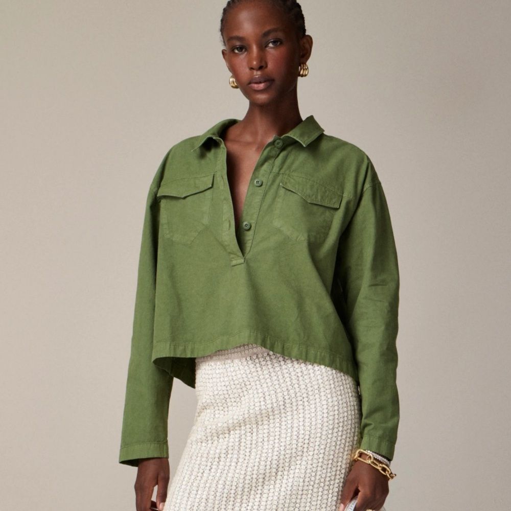 J. Crew Olive Cropped Button-Front Shirt